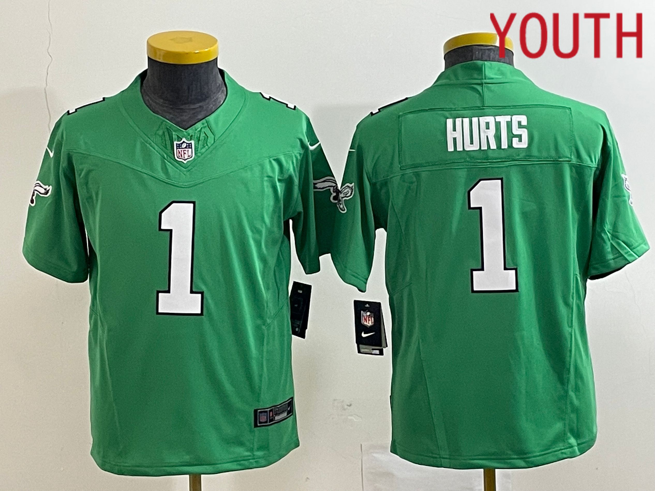 Youth Philadelphia Eagles #1 Hurts Green Nike Throwback Vapor Limited NFL Jersey